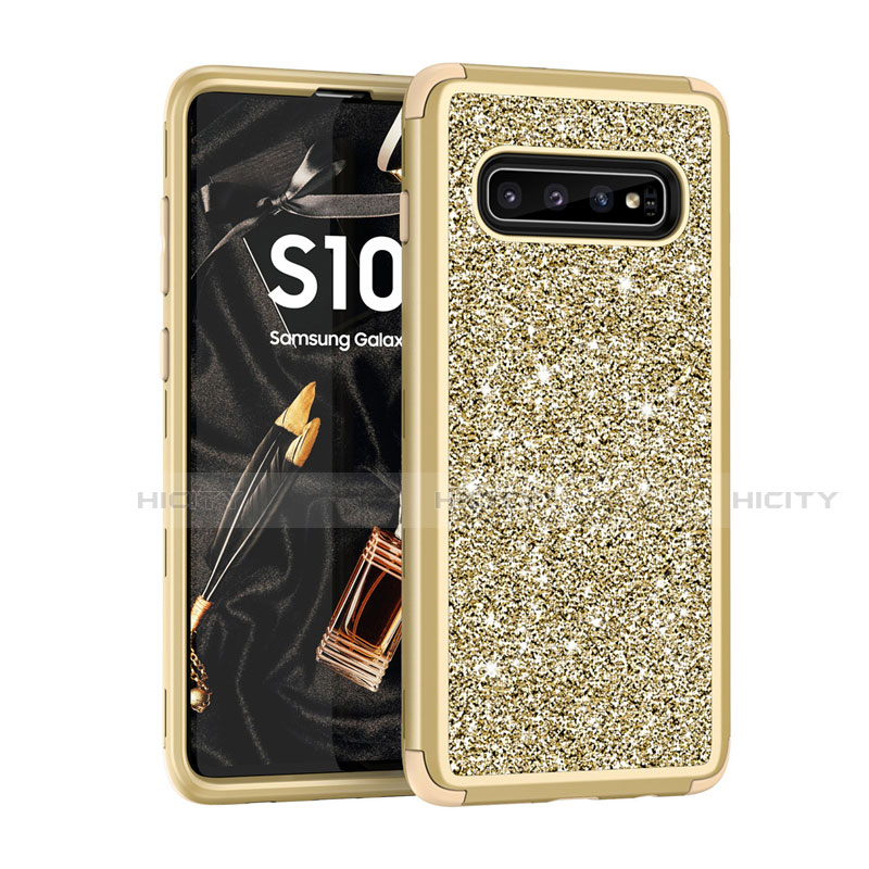 Custodia Silicone e Plastica Opaca Cover Fronte e Retro 360 Gradi Bling-Bling per Samsung Galaxy S10 Oro