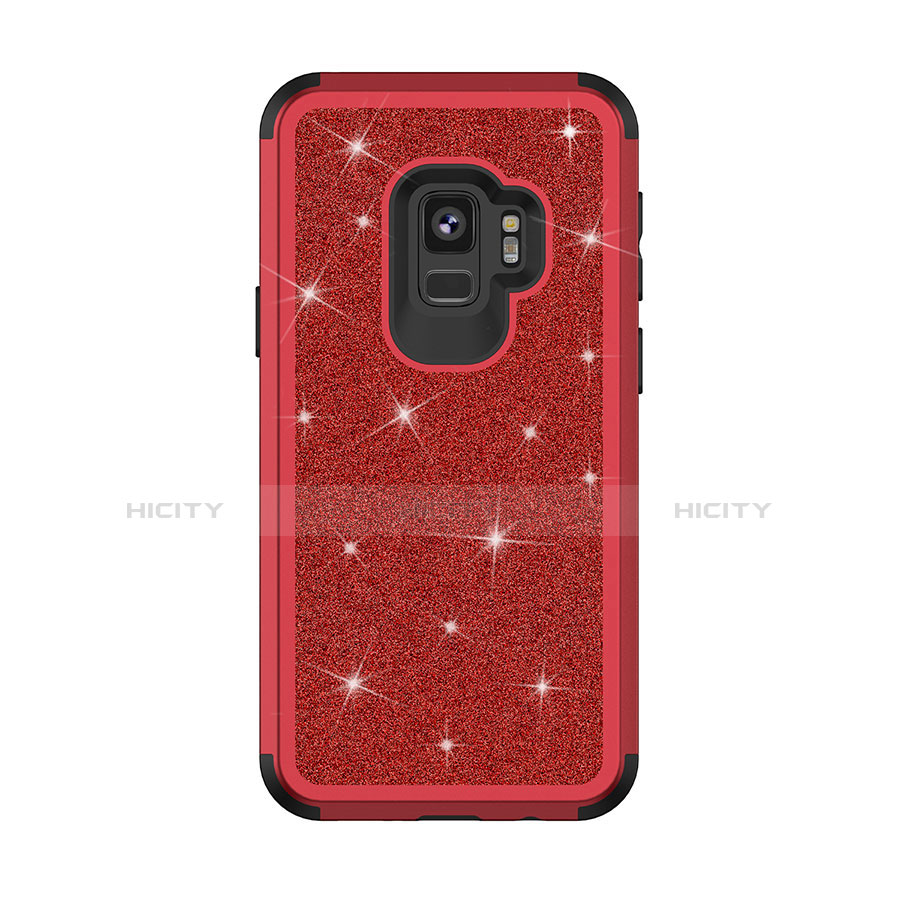 Custodia Silicone e Plastica Opaca Cover Fronte e Retro 360 Gradi Bling-Bling per Samsung Galaxy S9 Rosso