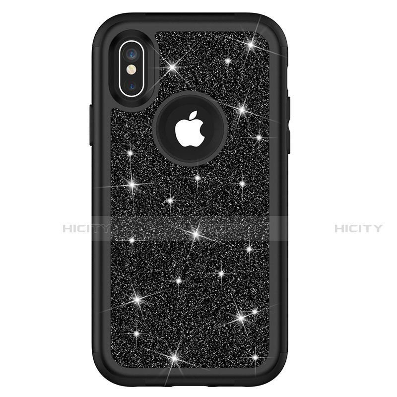 Custodia Silicone e Plastica Opaca Cover Fronte e Retro 360 Gradi Bling-Bling U01 per Apple iPhone X Nero