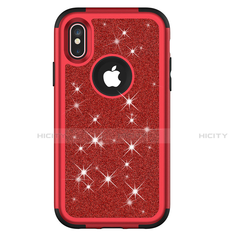 Custodia Silicone e Plastica Opaca Cover Fronte e Retro 360 Gradi Bling-Bling U01 per Apple iPhone X Rosso