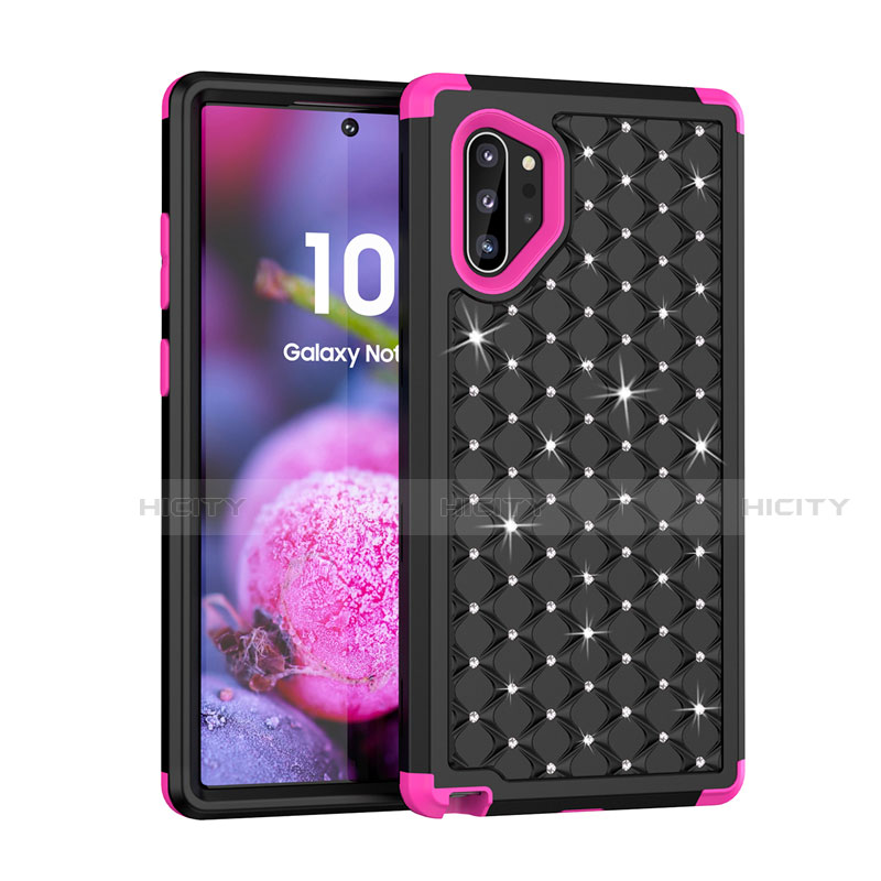 Custodia Silicone e Plastica Opaca Cover Fronte e Retro 360 Gradi Bling-Bling U01 per Samsung Galaxy Note 10 Plus Rosa Caldo