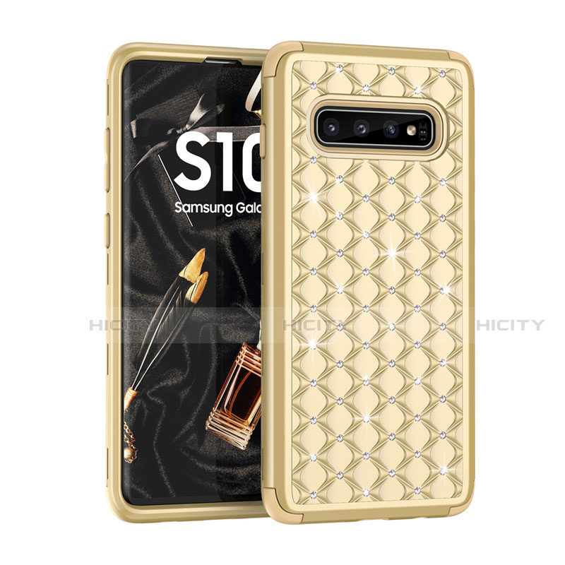 Custodia Silicone e Plastica Opaca Cover Fronte e Retro 360 Gradi Bling-Bling U01 per Samsung Galaxy S10 5G Oro