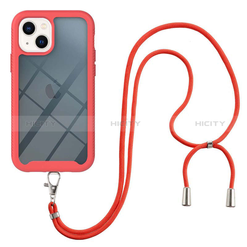 Custodia Silicone e Plastica Opaca Cover Fronte e Retro 360 Gradi con Cinghia Cordino Mano per Apple iPhone 14 Plus Rosso