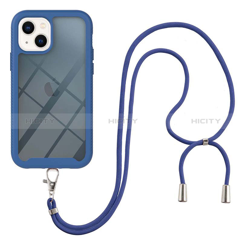 Custodia Silicone e Plastica Opaca Cover Fronte e Retro 360 Gradi con Cinghia Cordino Mano per Apple iPhone 15 Plus Blu