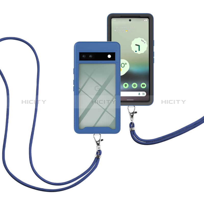 Custodia Silicone e Plastica Opaca Cover Fronte e Retro 360 Gradi con Cinghia Cordino Mano per Google Pixel 7a 5G Blu