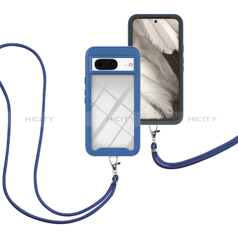 Custodia Silicone e Plastica Opaca Cover Fronte e Retro 360 Gradi con Cinghia Cordino Mano per Google Pixel 8 5G Blu