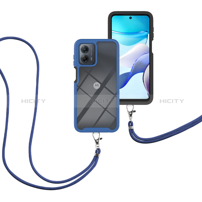 Custodia Silicone e Plastica Opaca Cover Fronte e Retro 360 Gradi con Cinghia Cordino Mano per Motorola Moto G 5G (2023) Blu