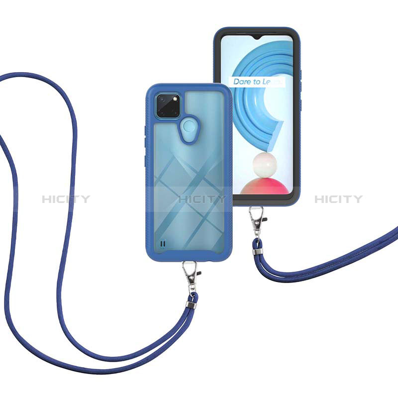 Custodia Silicone e Plastica Opaca Cover Fronte e Retro 360 Gradi con Cinghia Cordino Mano per Realme C21Y