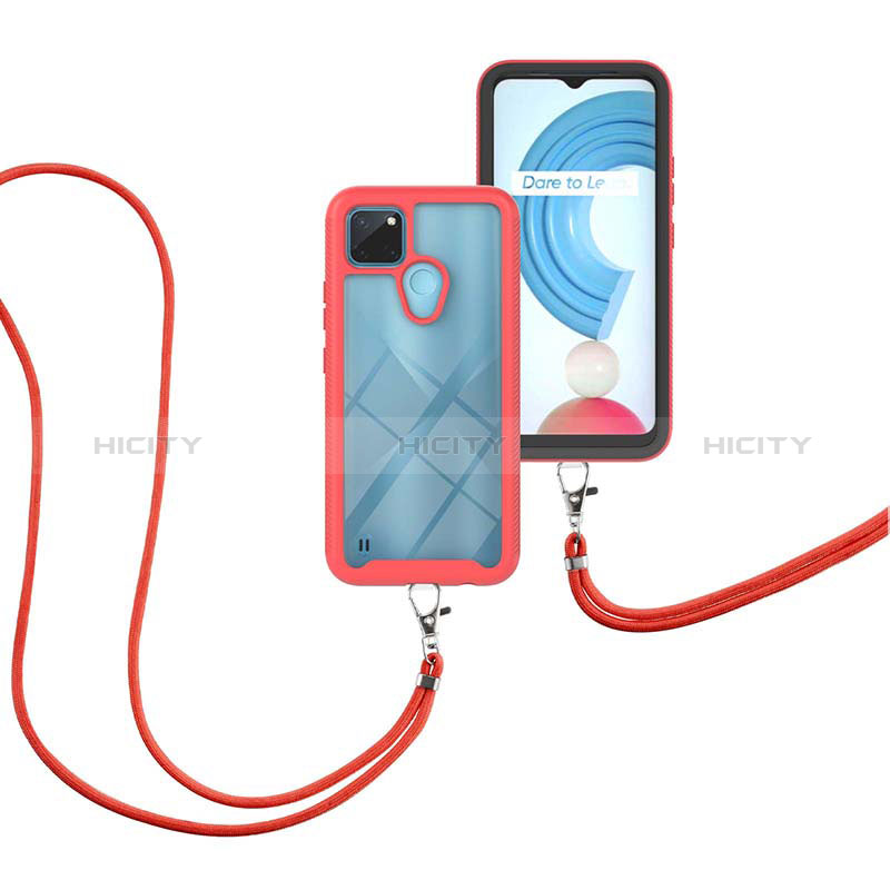 Custodia Silicone e Plastica Opaca Cover Fronte e Retro 360 Gradi con Cinghia Cordino Mano per Realme C21Y