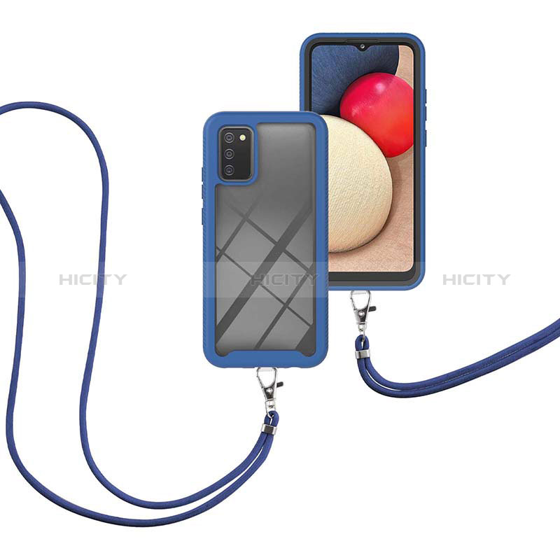 Custodia Silicone e Plastica Opaca Cover Fronte e Retro 360 Gradi con Cinghia Cordino Mano per Samsung Galaxy A02s