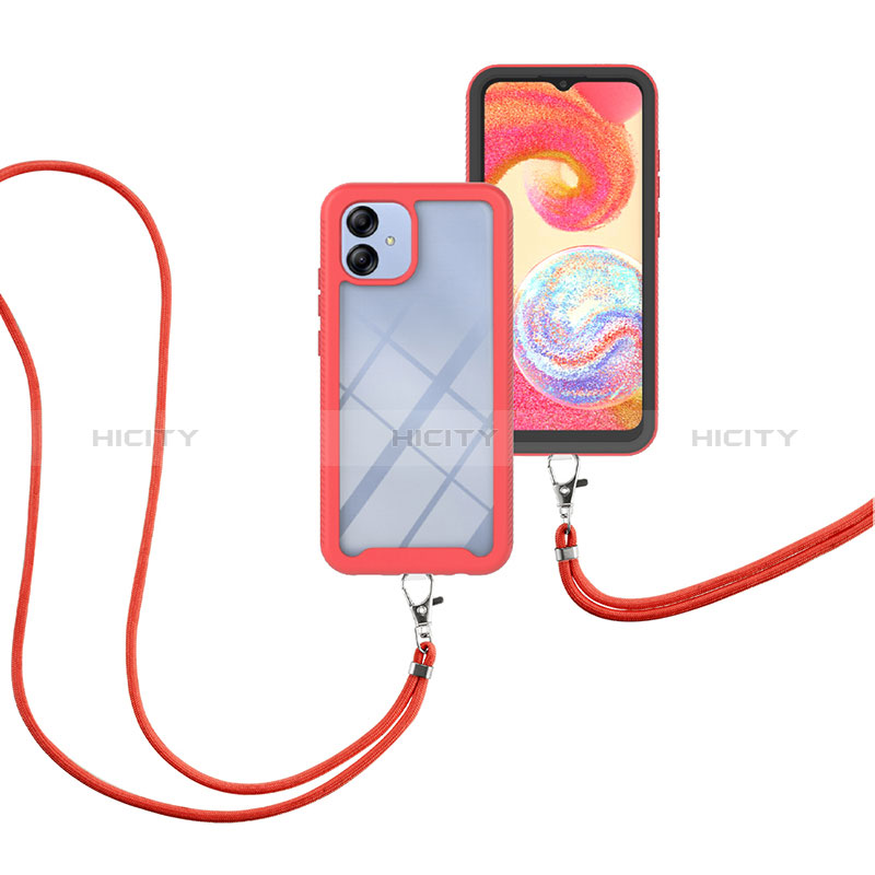 Custodia Silicone e Plastica Opaca Cover Fronte e Retro 360 Gradi con Cinghia Cordino Mano per Samsung Galaxy A04 4G Rosso