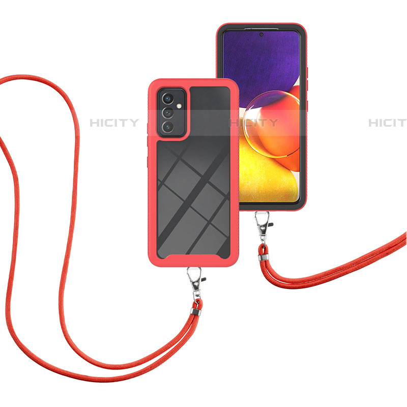 Custodia Silicone e Plastica Opaca Cover Fronte e Retro 360 Gradi con Cinghia Cordino Mano per Samsung Galaxy A05s Rosso