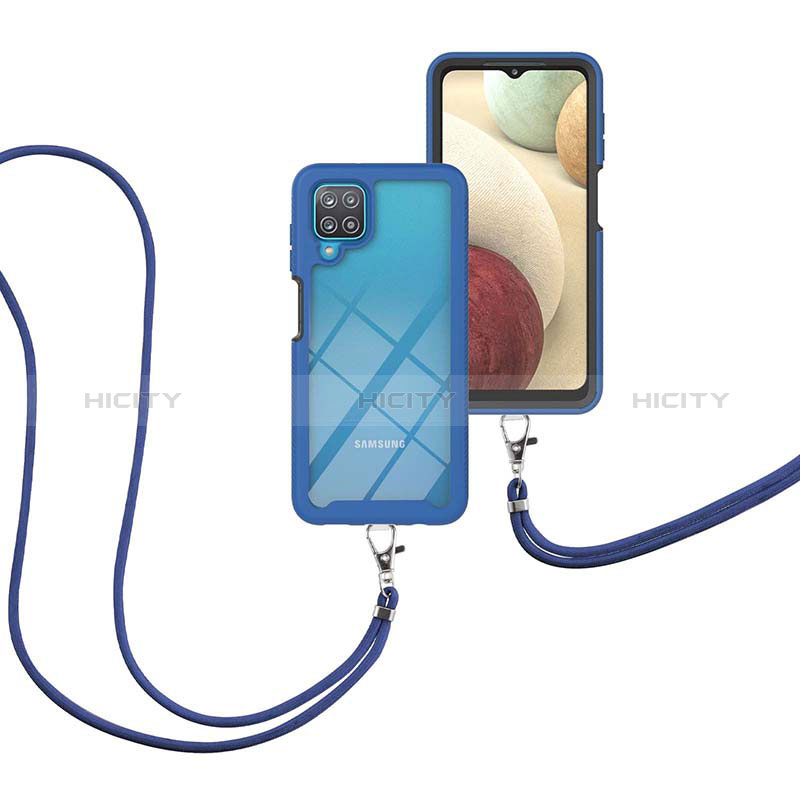 Custodia Silicone e Plastica Opaca Cover Fronte e Retro 360 Gradi con Cinghia Cordino Mano per Samsung Galaxy A12 5G Blu