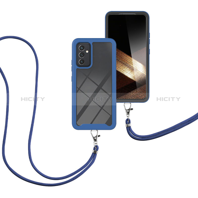 Custodia Silicone e Plastica Opaca Cover Fronte e Retro 360 Gradi con Cinghia Cordino Mano per Samsung Galaxy A15 4G Blu