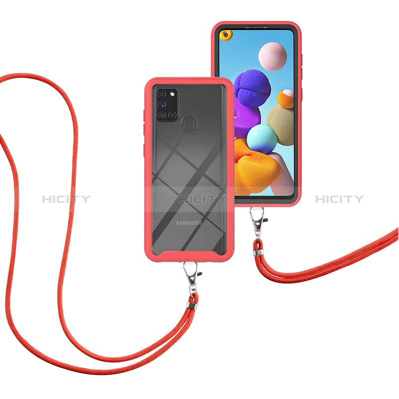 Custodia Silicone e Plastica Opaca Cover Fronte e Retro 360 Gradi con Cinghia Cordino Mano per Samsung Galaxy A21s