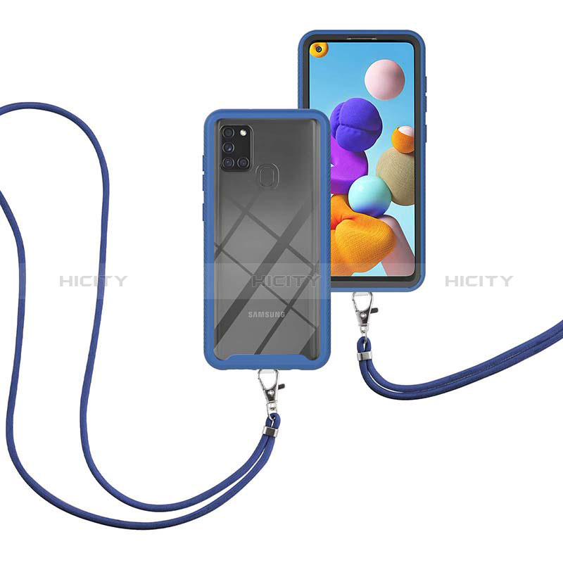 Custodia Silicone e Plastica Opaca Cover Fronte e Retro 360 Gradi con Cinghia Cordino Mano per Samsung Galaxy A21s