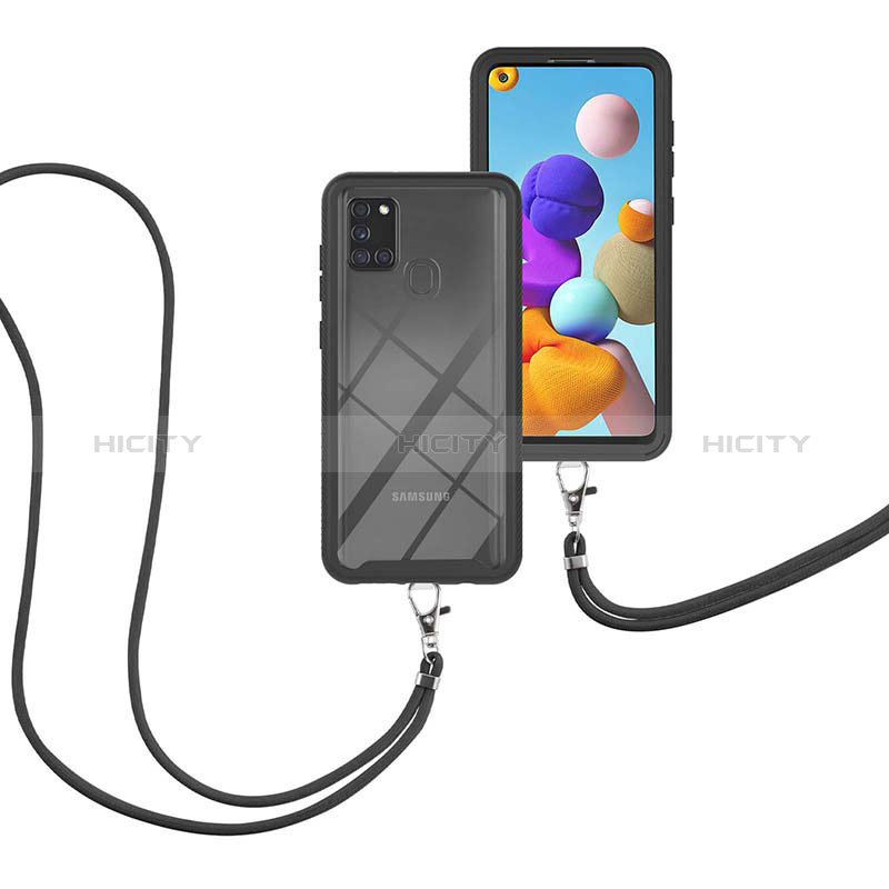 Custodia Silicone e Plastica Opaca Cover Fronte e Retro 360 Gradi con Cinghia Cordino Mano per Samsung Galaxy A21s Nero