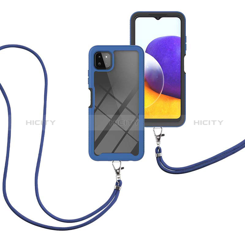 Custodia Silicone e Plastica Opaca Cover Fronte e Retro 360 Gradi con Cinghia Cordino Mano per Samsung Galaxy A22s 5G Blu