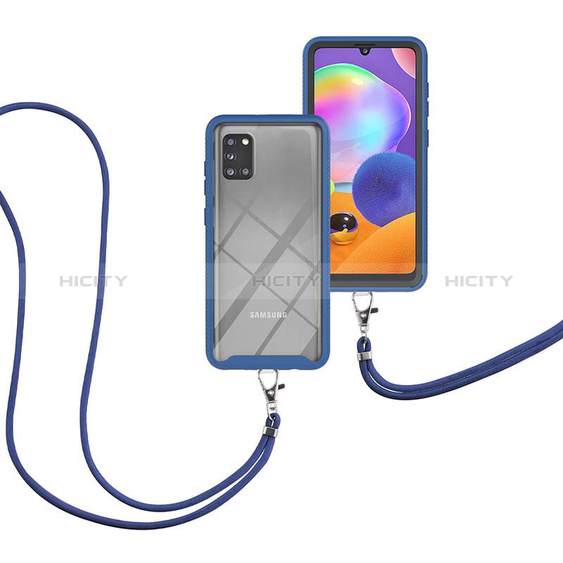 Custodia Silicone e Plastica Opaca Cover Fronte e Retro 360 Gradi con Cinghia Cordino Mano per Samsung Galaxy A31 Blu