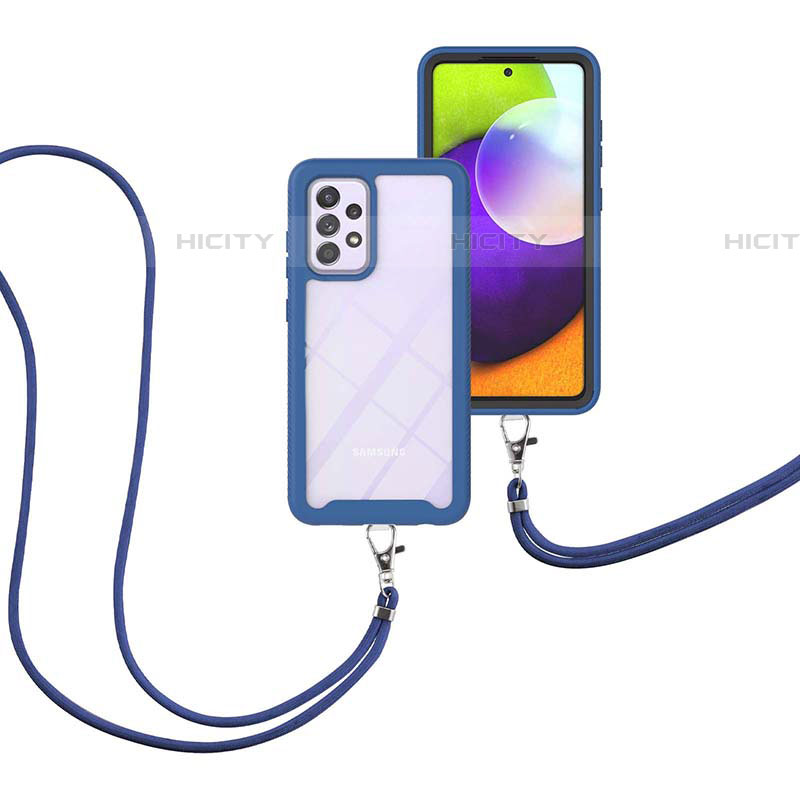 Custodia Silicone e Plastica Opaca Cover Fronte e Retro 360 Gradi con Cinghia Cordino Mano per Samsung Galaxy A52 4G Blu