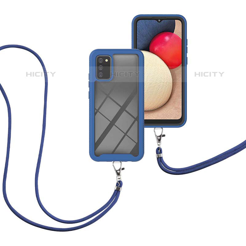 Custodia Silicone e Plastica Opaca Cover Fronte e Retro 360 Gradi con Cinghia Cordino Mano per Samsung Galaxy M02s Blu