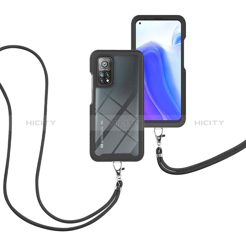 Custodia Silicone e Plastica Opaca Cover Fronte e Retro 360 Gradi con Cinghia Cordino Mano per Xiaomi Mi 10T 5G Nero