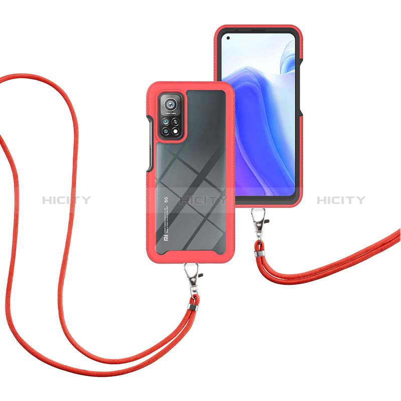 Custodia Silicone e Plastica Opaca Cover Fronte e Retro 360 Gradi con Cinghia Cordino Mano per Xiaomi Mi 10T 5G Rosso