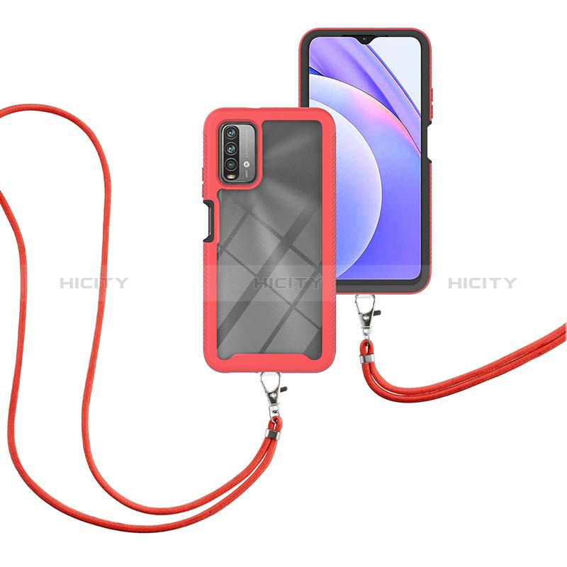 Custodia Silicone e Plastica Opaca Cover Fronte e Retro 360 Gradi con Cinghia Cordino Mano per Xiaomi Redmi 9T 4G Rosso