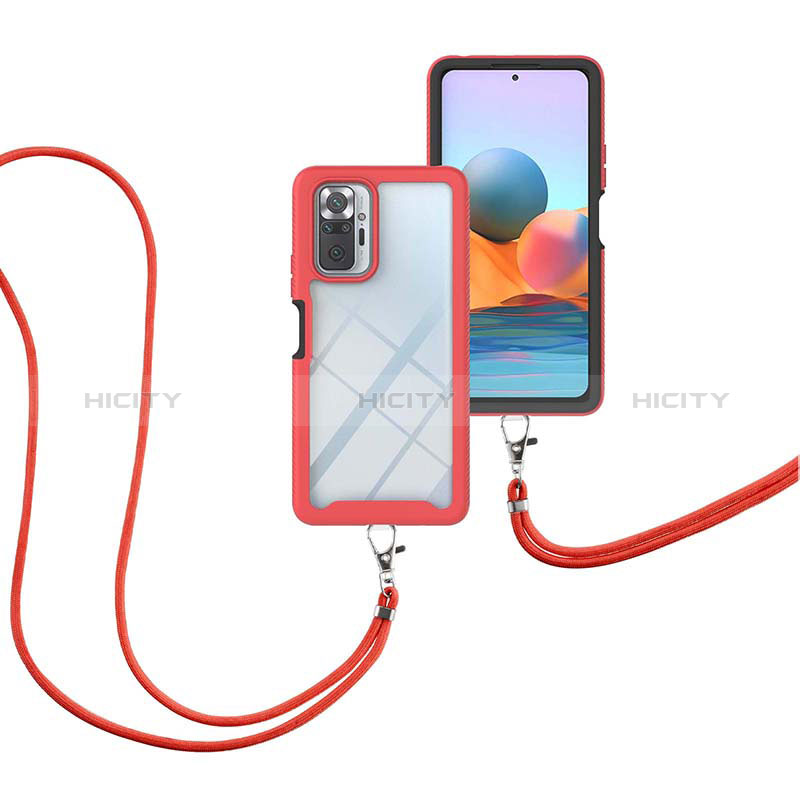 Custodia Silicone e Plastica Opaca Cover Fronte e Retro 360 Gradi con Cinghia Cordino Mano per Xiaomi Redmi Note 10 Pro 4G Rosso