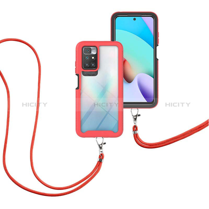 Custodia Silicone e Plastica Opaca Cover Fronte e Retro 360 Gradi con Cinghia Cordino Mano per Xiaomi Redmi Note 11 4G (2021) Rosso