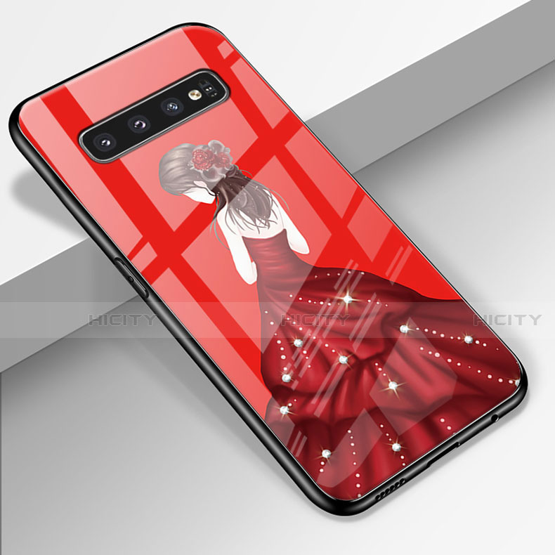 Custodia Silicone Gel Laterale Abito Ragazza Specchio Cover K01 per Samsung Galaxy S10 Rosso Rosa