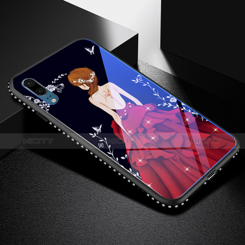 Custodia Silicone Gel Laterale Abito Ragazza Specchio Cover per Huawei P20 Rosso e Nero