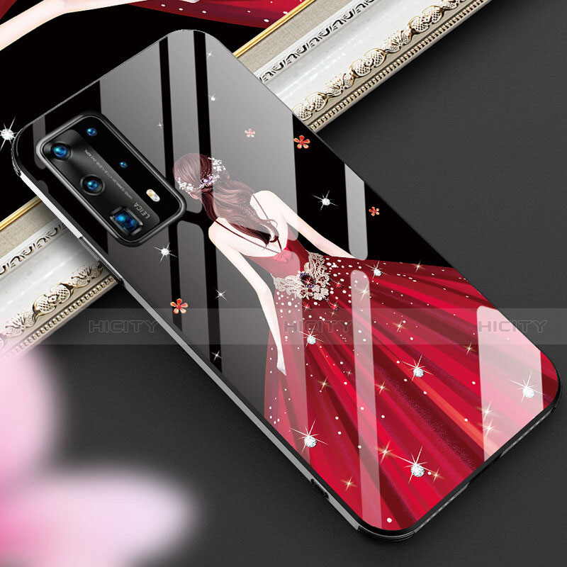 Custodia Silicone Gel Laterale Abito Ragazza Specchio Cover per Huawei P40 Pro+ Plus Rosso e Nero