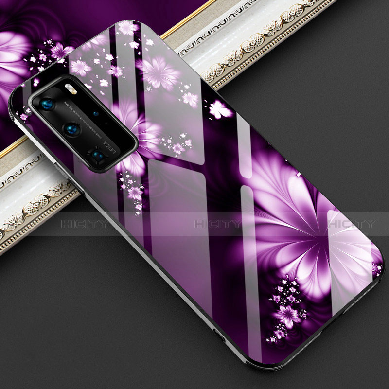 Custodia Silicone Gel Laterale Fiori Specchio Cover per Huawei P40 Pro Viola