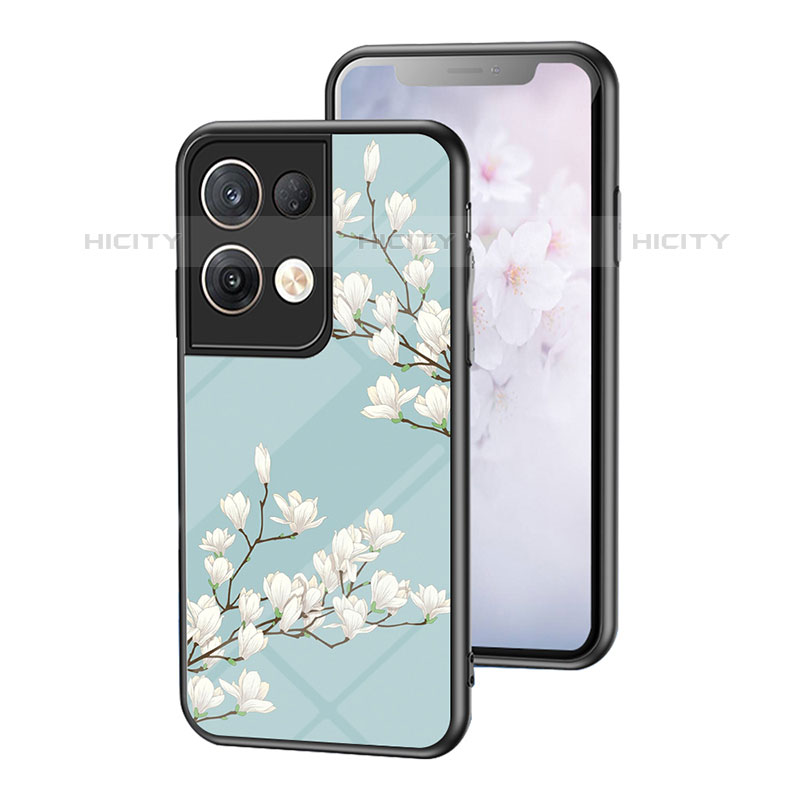 Custodia Silicone Gel Laterale Fiori Specchio Cover per Oppo Reno8 Pro 5G Ciano