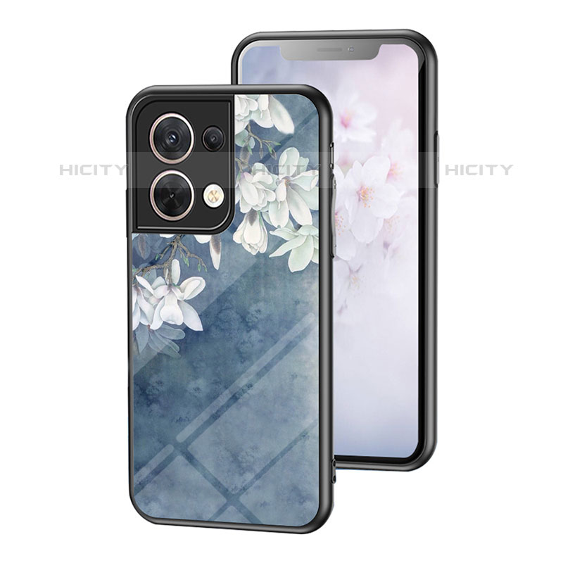 Custodia Silicone Gel Laterale Fiori Specchio Cover per Oppo Reno9 5G Blu