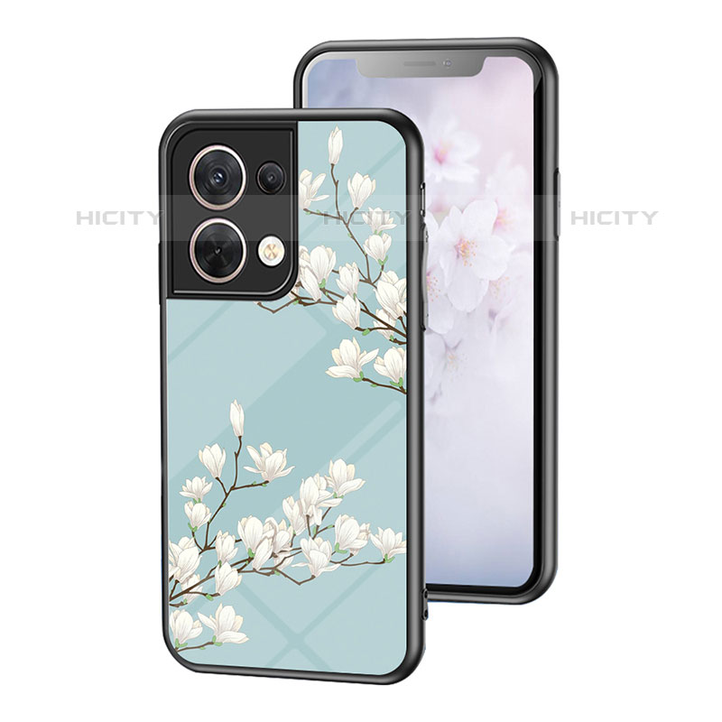 Custodia Silicone Gel Laterale Fiori Specchio Cover per Oppo Reno9 5G Ciano