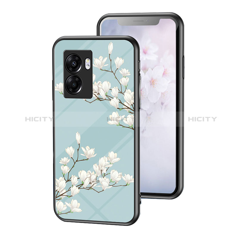 Custodia Silicone Gel Laterale Fiori Specchio Cover per Realme Q5i 5G Ciano