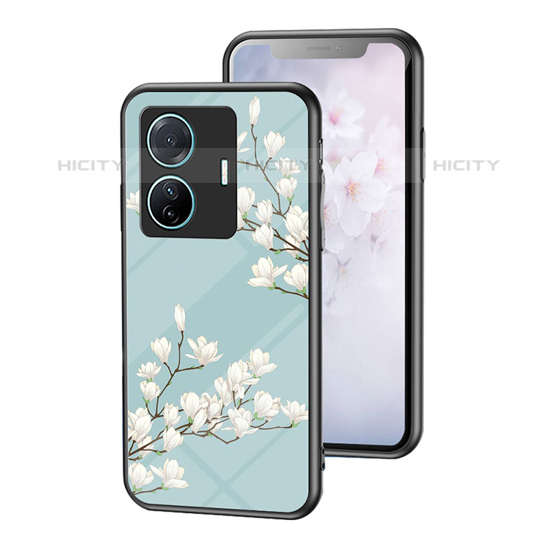 Custodia Silicone Gel Laterale Fiori Specchio Cover per Vivo T1 Pro 5G Ciano