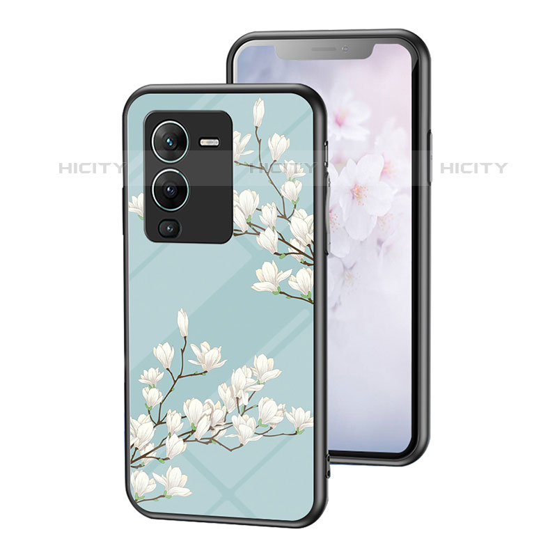 Custodia Silicone Gel Laterale Fiori Specchio Cover per Vivo V25 Pro 5G Ciano