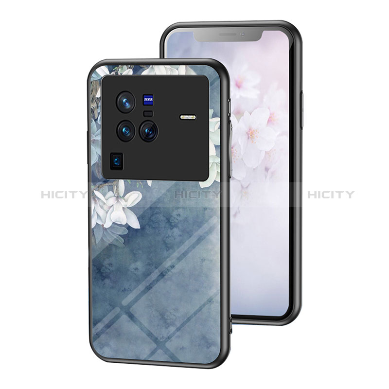 Custodia Silicone Gel Laterale Fiori Specchio Cover per Vivo X80 Pro 5G Blu