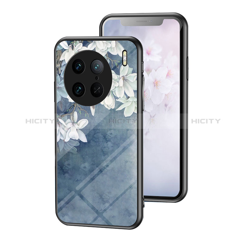 Custodia Silicone Gel Laterale Fiori Specchio Cover per Vivo X90 Pro 5G Blu