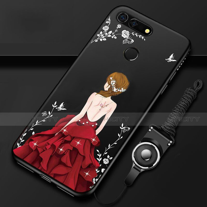 Custodia Silicone Gel Morbida Abito Ragazza Cover K01 per Huawei Honor V20 Rosso e Nero