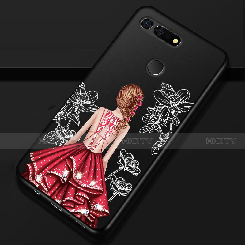 Custodia Silicone Gel Morbida Abito Ragazza Cover K02 per Huawei Honor V20 Rosso e Nero