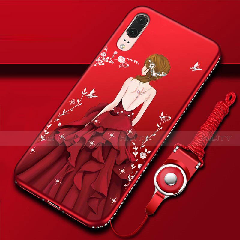 Custodia Silicone Gel Morbida Abito Ragazza Cover K02 per Huawei P20 Rosso