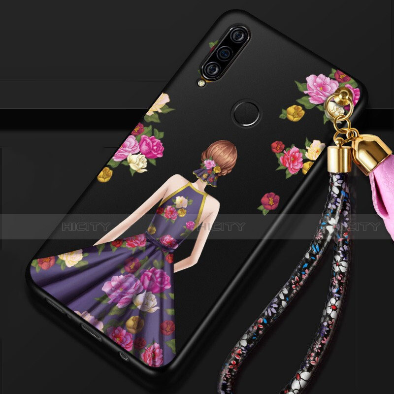 Custodia Silicone Gel Morbida Abito Ragazza Cover K02 per Huawei P30 Lite New Edition Viola e Nero