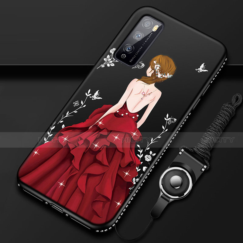 Custodia Silicone Gel Morbida Abito Ragazza Cover per Huawei Enjoy 20 Pro 5G Rosso e Nero