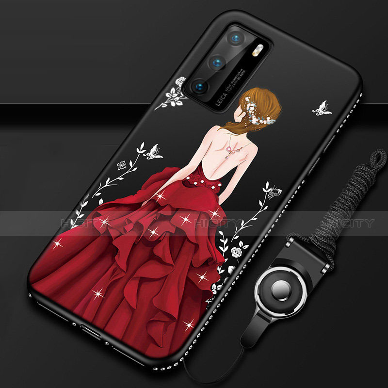 Custodia Silicone Gel Morbida Abito Ragazza Cover per Huawei P40 Rosso e Nero