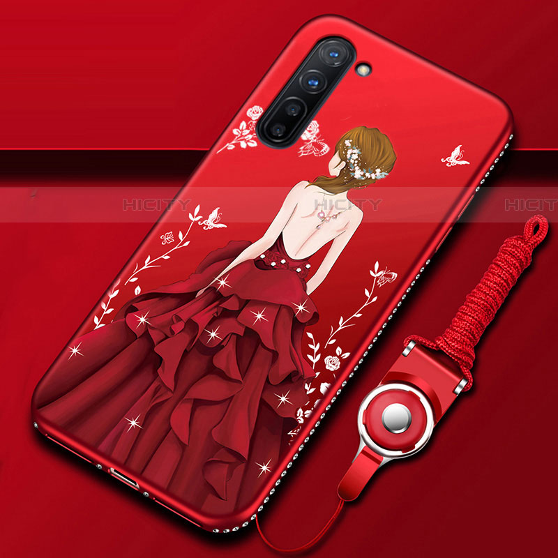 Custodia Silicone Gel Morbida Abito Ragazza Cover per Oppo Reno3 Rosso