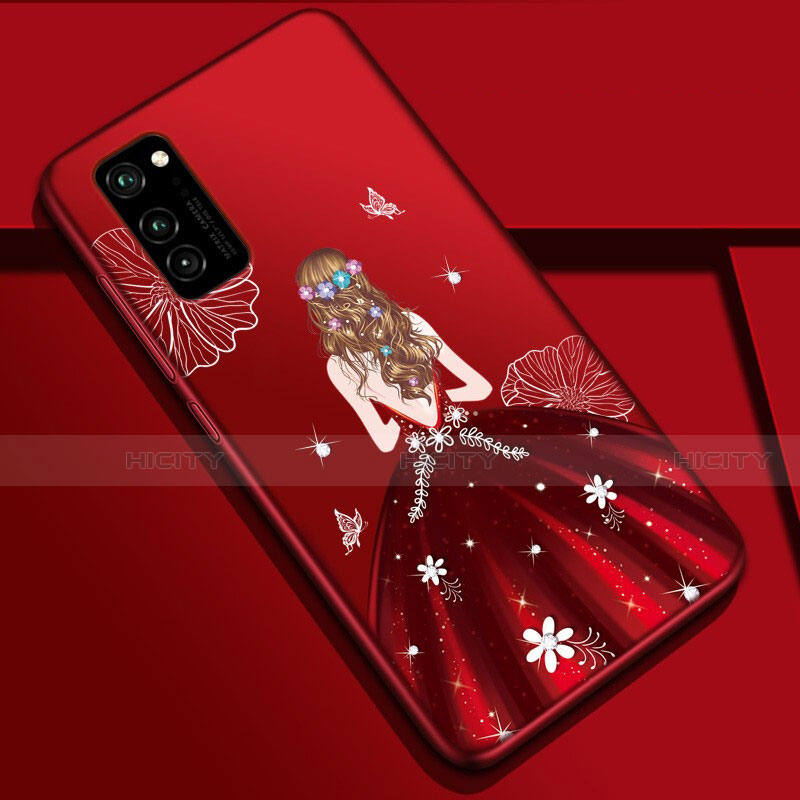 Custodia Silicone Gel Morbida Abito Ragazza Cover S01 per Huawei Honor V30 Pro 5G Rosso Rosa